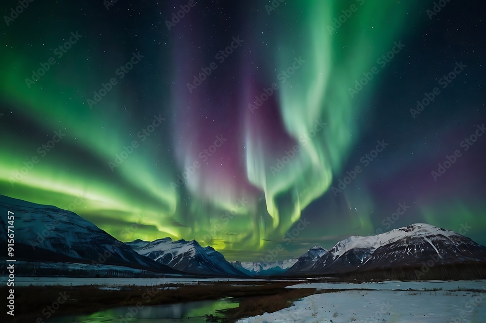 Northern panorama view of aurora in sky night full of beauties, combination of purple and green colors aurora borealis in unique landscape Northern panorama view of aurora in sky night full of beauties, combination of purple and green colors aurora borealis in unique landscape