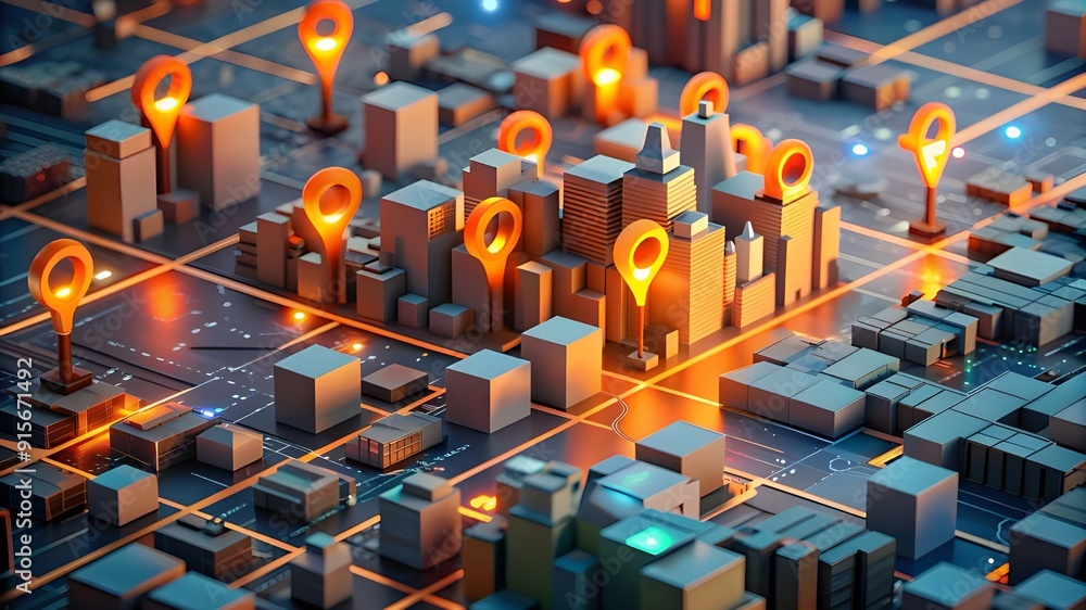 3D isometric city map with pin mark and glowing line move path Stock ...