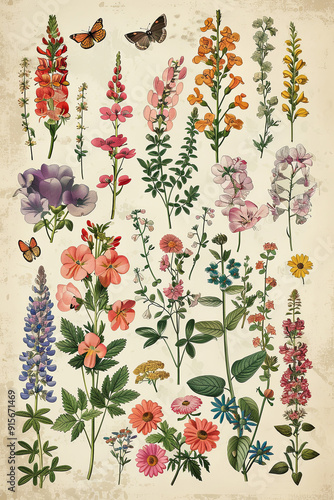69. Vintage-style botanical illustration of medicinal plants, flowers, and insects