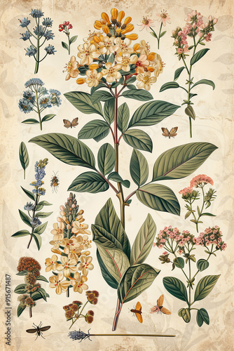 69. Vintage-style botanical illustration of medicinal plants, flowers, and insects
