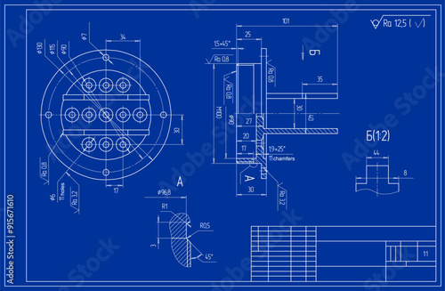 Vector drawing of a steel mechanical part with through holes. Engineering cad scheme. Technical background. Machine design.