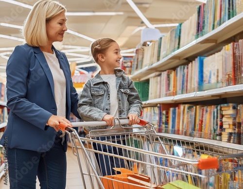 Mama i córka kupują podręczniki w księgarni