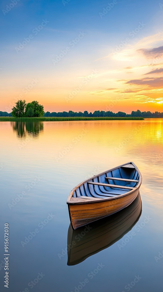Isolated rowboat on a tranquil lake at sunset reflecting golden skies Isolated rowboat on a tranquil lake at sunset reflecting golden skies