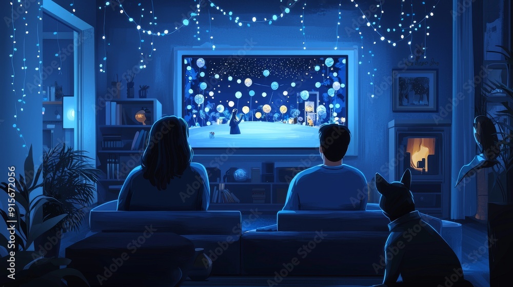 Couple watching a virtual nature movie in a cozy living room with a dog on a winter night Couple watching a virtual nature movie in a cozy living room with a dog on a winter night
