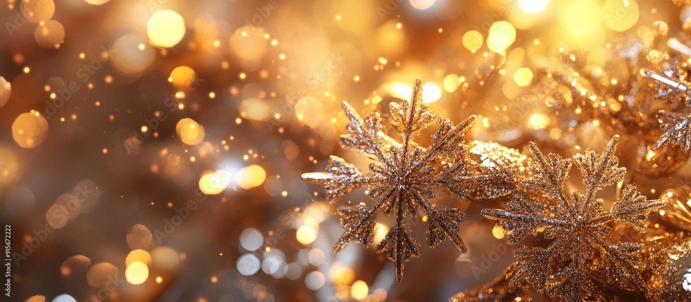 Fototapeta premium Christmas theme A close up of shiny golden snowflake decorations hanging on a Christmas tree with copy space Christmas background