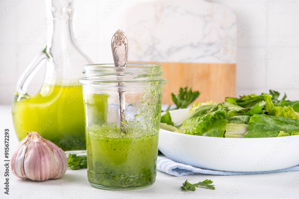 Culinary aromatic Green Herb Salad Dressing. Infused fresh Basil, parsley garlic olive oil for cooking dinner, with green salad on kitchen background copy space Culinary aromatic Green Herb Salad Dressing. Infused fresh Basil, parsley garlic olive oil for cooking dinner, with green salad on kitchen background copy space