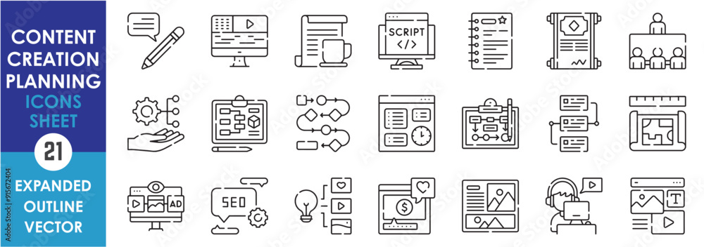 A set of line icons related to Content Creation and Planning. Content, plan, video, script, audio, team, discuss, workflow, growth, editor and so on. Vector outline icons set. A set of line icons related to Content Creation and Planning. Content, plan, video, script, audio, team, discuss, workflow, growth, editor and so on. Vector outline icons set.
