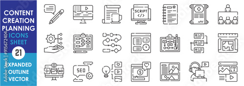 A set of line icons related to Content Creation and Planning. Content, plan, video, script, audio, team, discuss, workflow, growth, editor and so on. Vector outline icons set.