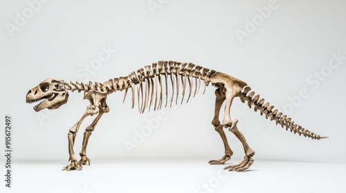 An ancient skeleton appears, isolated on a white background, a giant dinosaur skeleton displayed in complete form