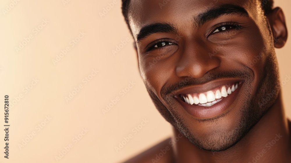 A handsome male model smiles brightly, showcasing his charming features and confidence A handsome male model smiles brightly, showcasing his charming features and confidence