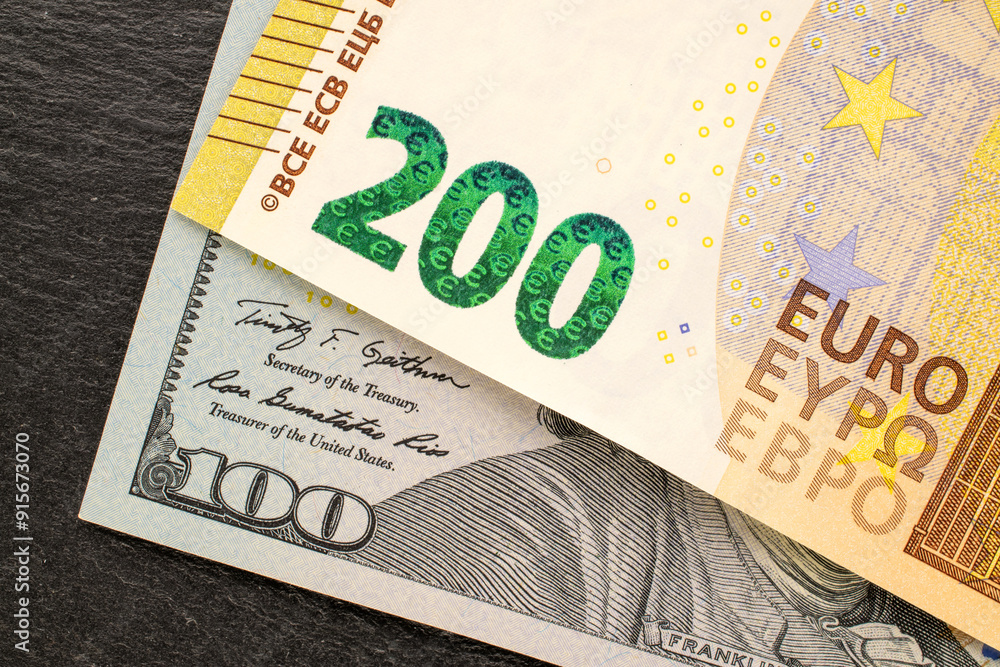 Obraz premium Two paper banknotes, macro, top view.