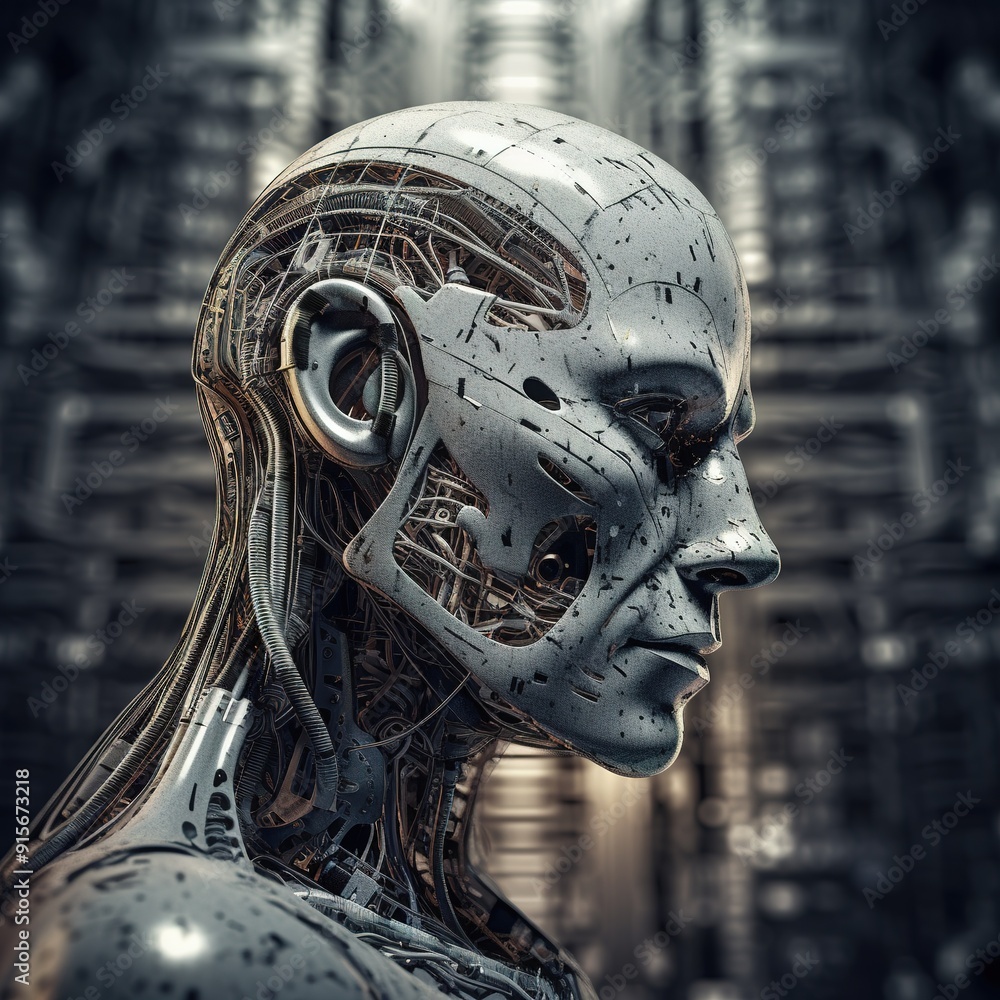 Close-up of a robotic head, showing intricate gears and wires, against a blurred background. Close-up of a robotic head, showing intricate gears and wires, against a blurred background.