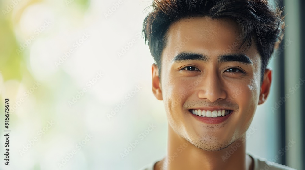 A young man showcases his friendly smile in a warm, inviting atmosphere A young man showcases his friendly smile in a warm, inviting atmosphere