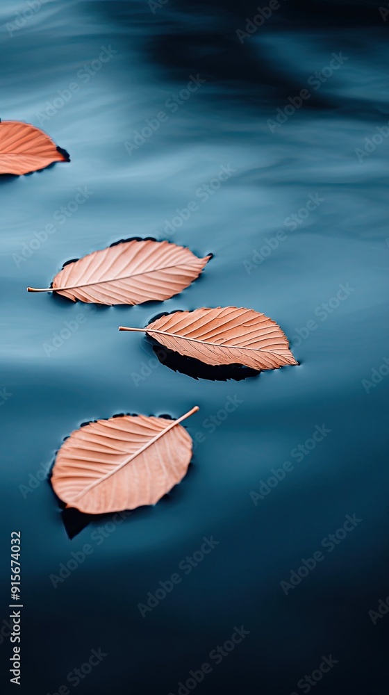 Obraz premium Autumn leaves gracefully floating on calm water with a dark backdrop