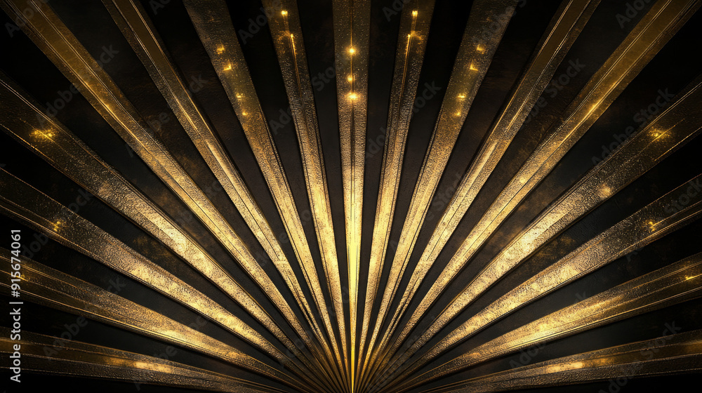 Obraz premium A dramatic art deco background with symmetrical golden rays on black