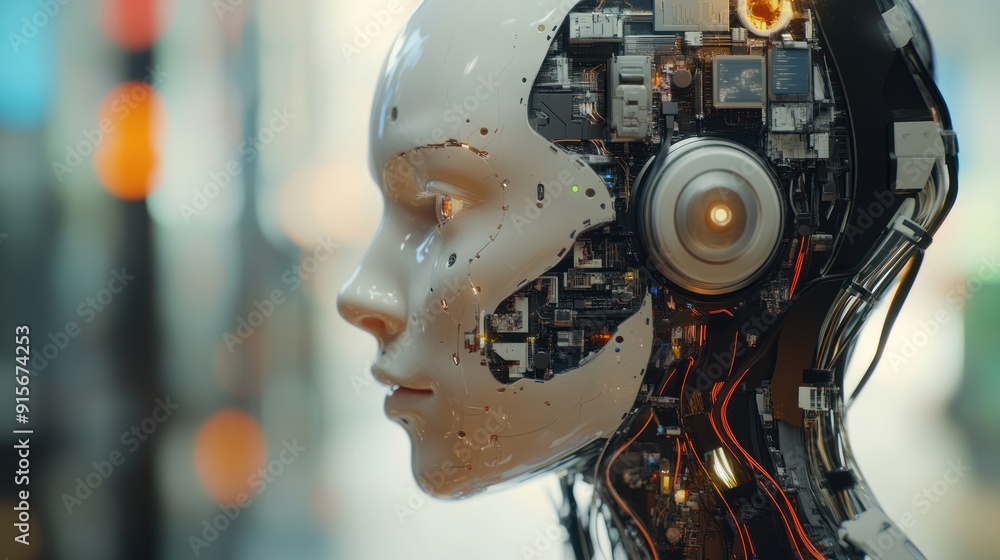 A Futuristic Robot Head with Exposed Circuitry A Futuristic Robot Head with Exposed Circuitry