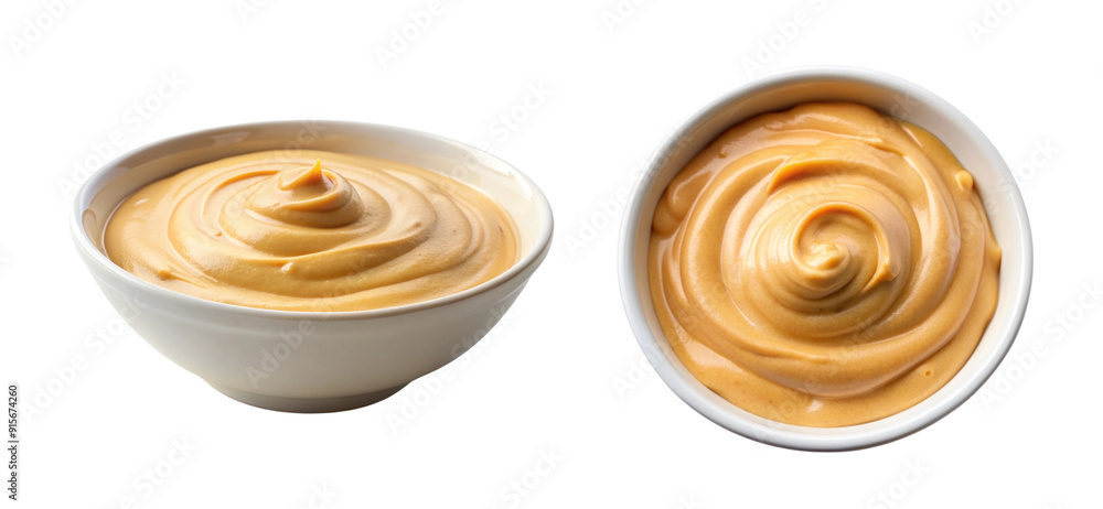 white bowl with chipotle aioli made with mayonnaise, chipotle peppers in adobo sauce, garlic, and lime juice, isolated on a white background, side and top view white bowl with chipotle aioli made with mayonnaise, chipotle peppers in adobo sauce, garlic, and lime juice, isolated on a white background, side and top view