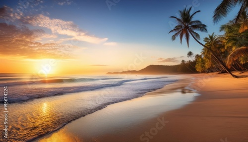 A beautiful beach scene featuring palm trees and waves during sunset