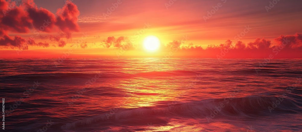 A red sunset above the ocean along the shore. with copy space image. Place for adding text or design A red sunset above the ocean along the shore. with copy space image. Place for adding text or design