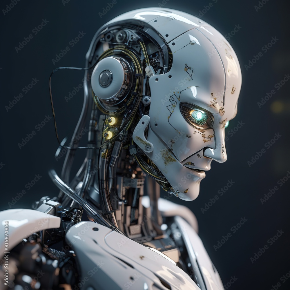 Fototapeta premium Close-up of a white robotic head with visible gears and circuitry.