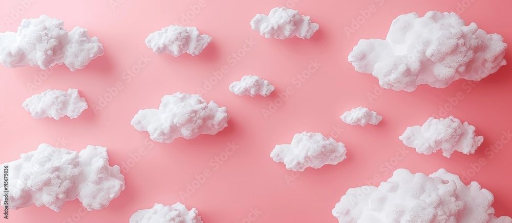 White paper cut out clouds set against a pink background Flat lay mock up copyspace White paper cut out clouds set against a pink background Flat lay mock up copyspace