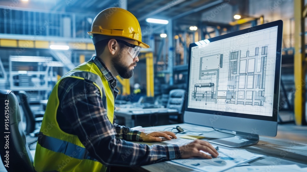 Professional engineer reviewing virtual blueprints on a computer, with a background of construction site images and technical drawings. Professional engineer reviewing virtual blueprints on a computer, with a background of construction site images and technical drawings.
