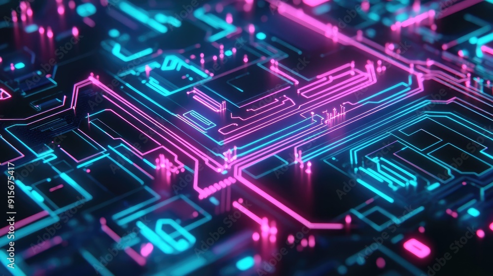 Glowing digital circuit board with cyber effects Glowing digital circuit board with cyber effects