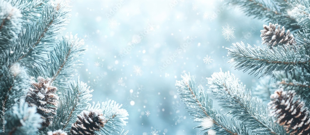Winter background featuring Christmas pines and decorative snowflakes. with copy space image. Place for adding text or design Winter background featuring Christmas pines and decorative snowflakes. with copy space image. Place for adding text or design