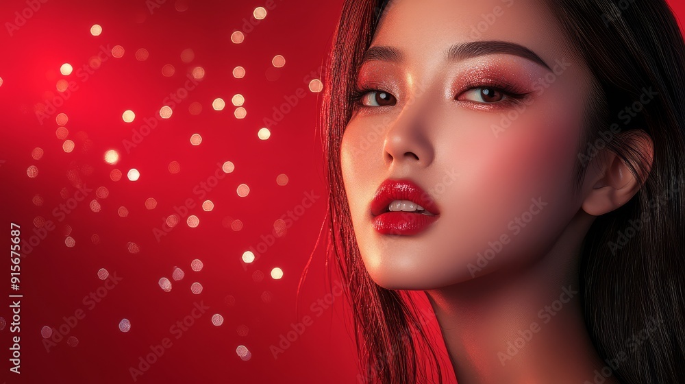 The model showcases striking beauty and allure with flowing hair and bold makeup The model showcases striking beauty and allure with flowing hair and bold makeup