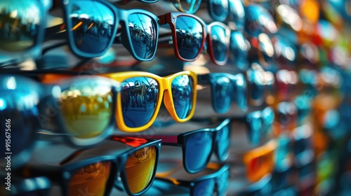 A collection of sunglasses hanging on a wall, ready for use or display photo