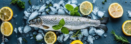 A realistic shot of freshly caught fish lying on crushed ice, surrounded by lemon slices and herbs photo