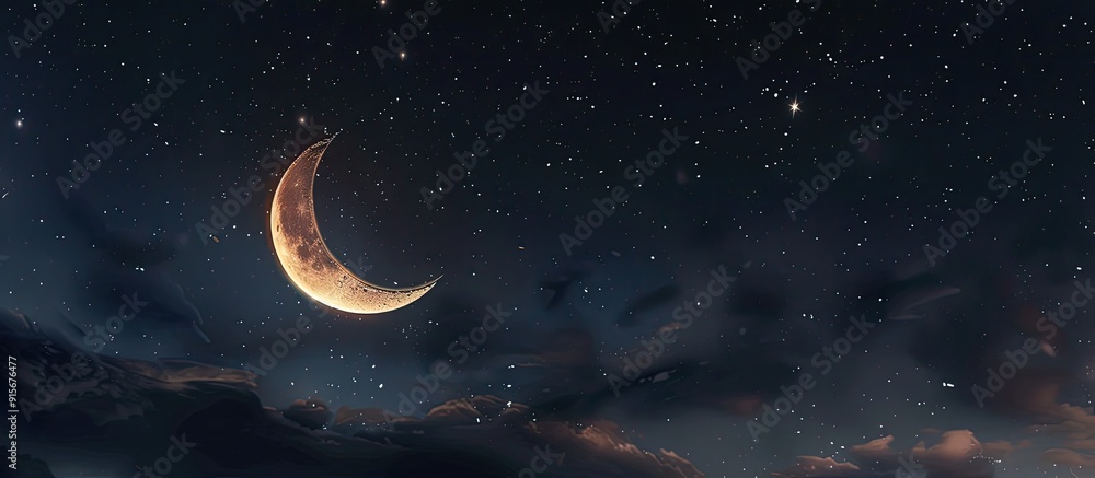 A fantasy backdrop of the night sky featuring enchanting light and a crescent moon. with copy space image. Place for adding text or design A fantasy backdrop of the night sky featuring enchanting light and a crescent moon. with copy space image. Place for adding text or design