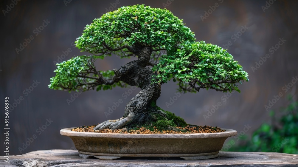 Bonsai tree with intricately twisted branches and small leaves, highlighted by a neutral backdrop Bonsai tree with intricately twisted branches and small leaves, highlighted by a neutral backdrop