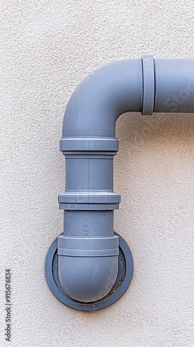 Close-up of a gray plastic pipe for a wastewater system installation on a wall