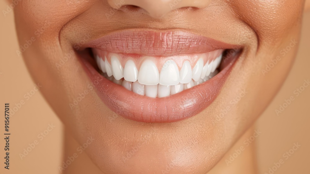 Close-up of a smiling woman showing perfect white teeth and healthy lips against a soft background. Close-up of a smiling woman showing perfect white teeth and healthy lips against a soft background.