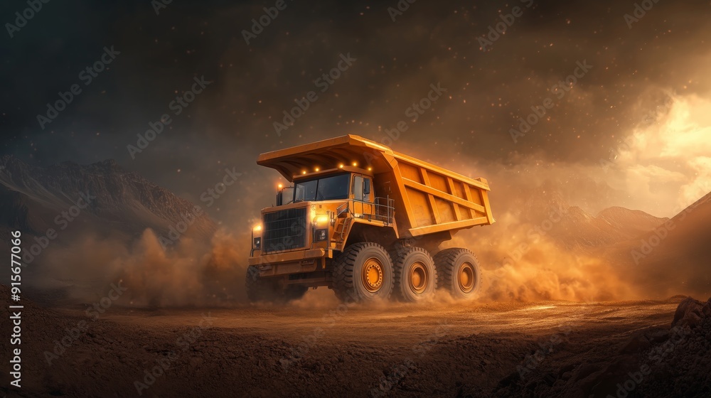 A mining truck stands alone on a construction site, with minimal background elements. A mining truck stands alone on a construction site, with minimal background elements.