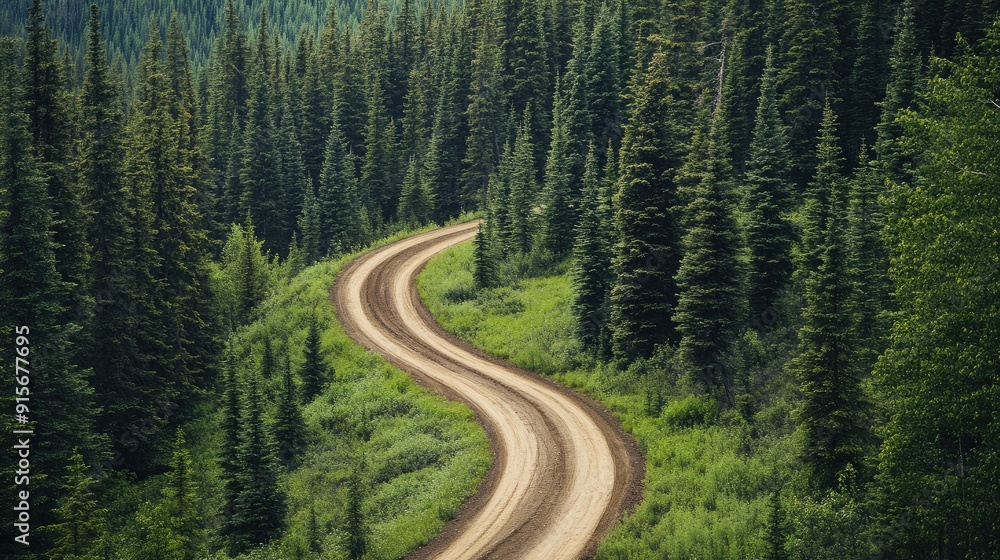 Dirt road winding through pine forest, rugged and wild Dirt road winding through pine forest, rugged and wild