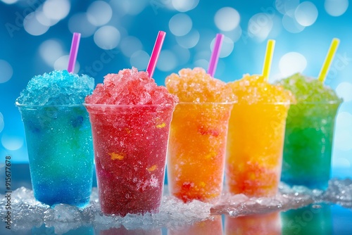 Colorful frozen slush drinks with straws on blue bokeh background. Image for smoothie bar advertising and menu. photo