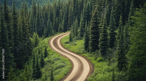 Dirt road winding through pine forest, rugged and wild