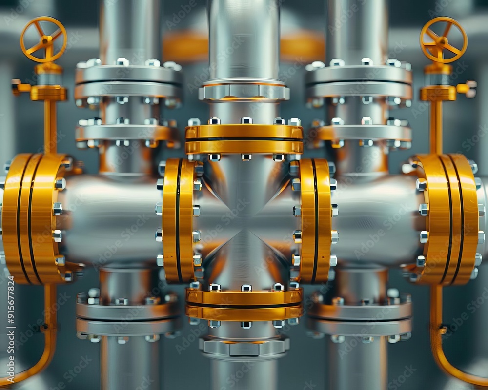 Closeup of pipes and valves in a chemical plant