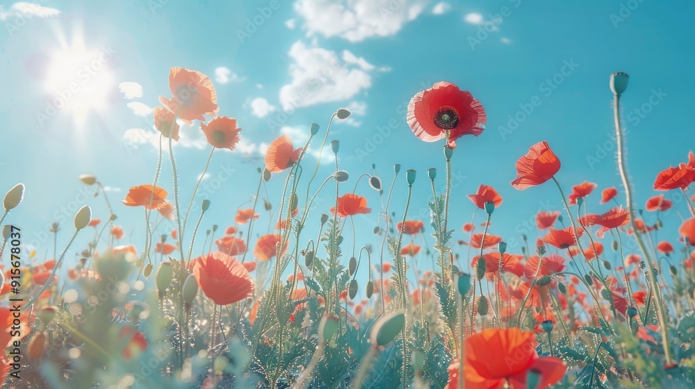 Obraz premium A vibrant field of poppies under a bright blue sky.