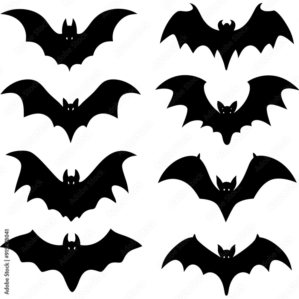 A collection of bat silhouettes displayed on a pristine white background A collection of bat silhouettes displayed on a pristine white background