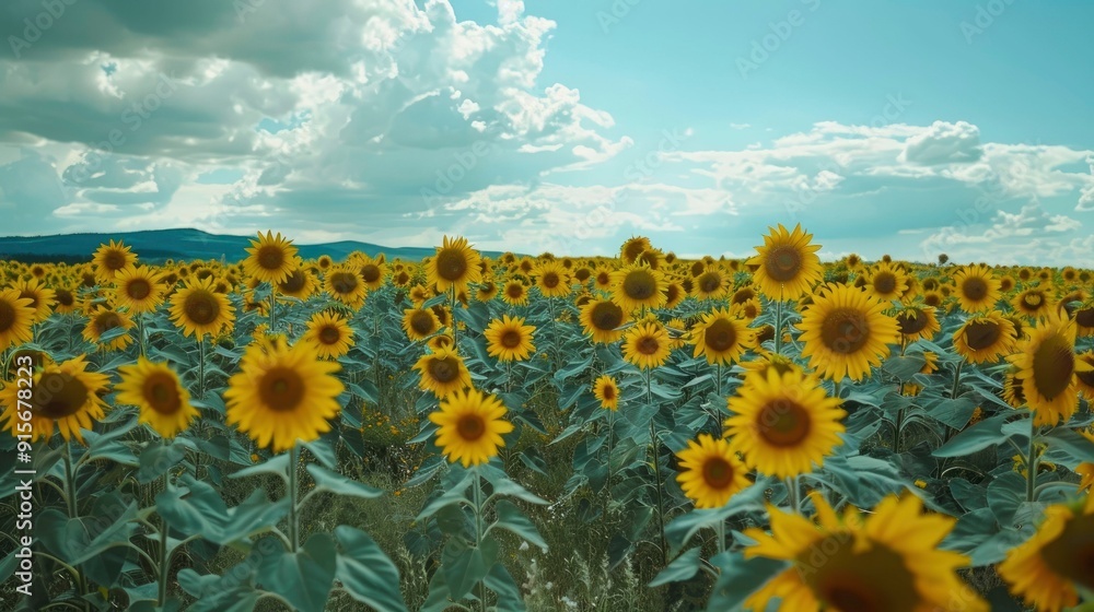 Obraz premium A vibrant field of sunflowers under a dramatic sky.