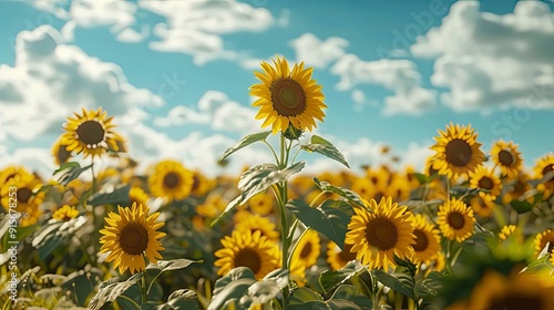 A vibrant field of sunflowers under a bright blue sky with fluffy clouds.