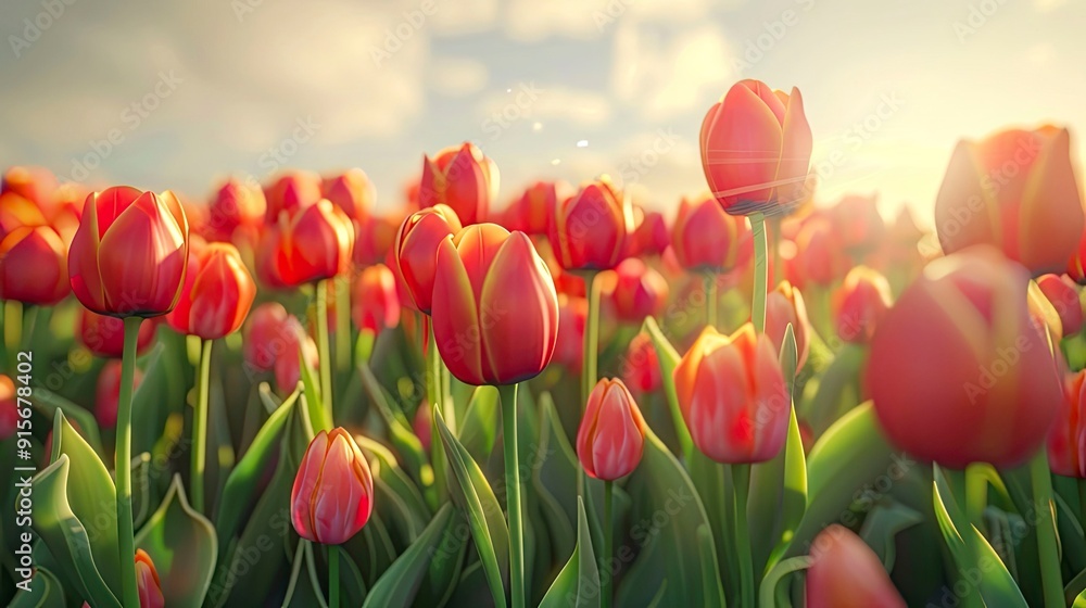 A vibrant field of tulips in full bloom under a bright sky. A vibrant field of tulips in full bloom under a bright sky.