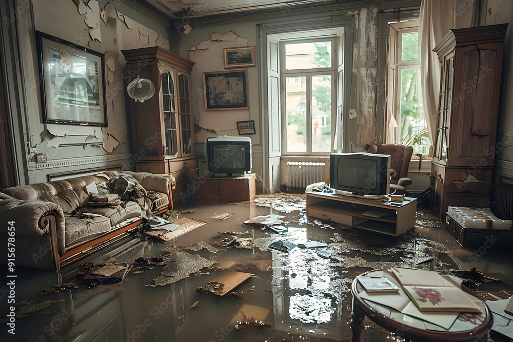 Flooded Living Room Chaos: Sofa, TV, and Furniture Afloat in Muddy Waters Flooded Living Room Chaos: Sofa, TV, and Furniture Afloat in Muddy Waters