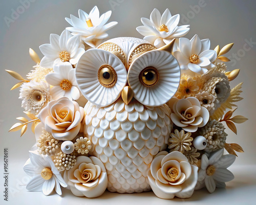 3D gold and white flower sculpture with owl