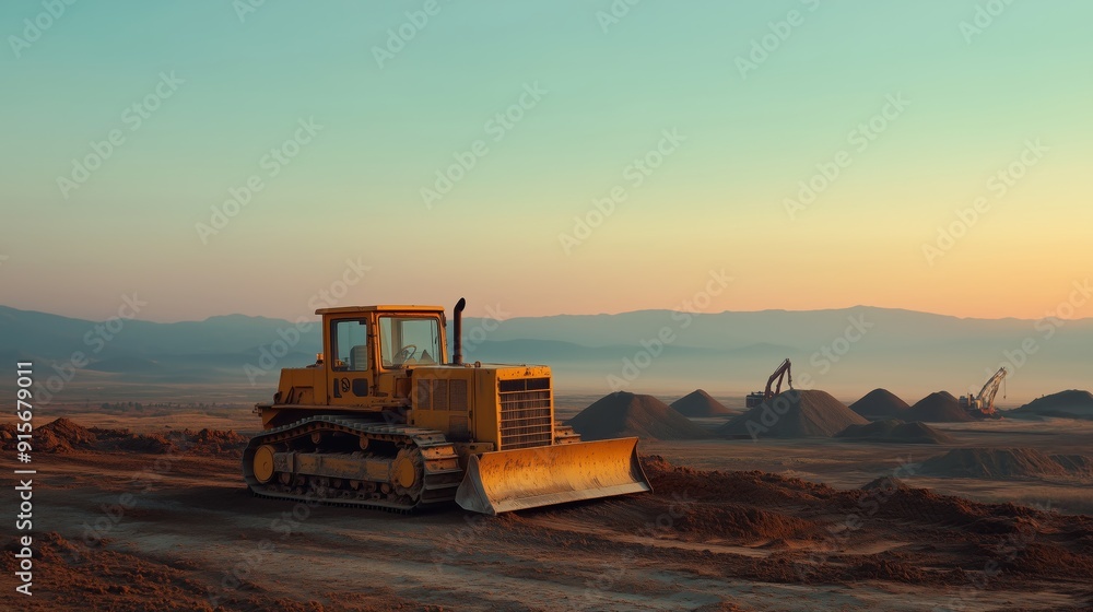 A bulldozer isolated on an empty construction site, with dirt piles and industrial equipment scattered in the background. A bulldozer isolated on an empty construction site, with dirt piles and industrial equipment scattered in the background.