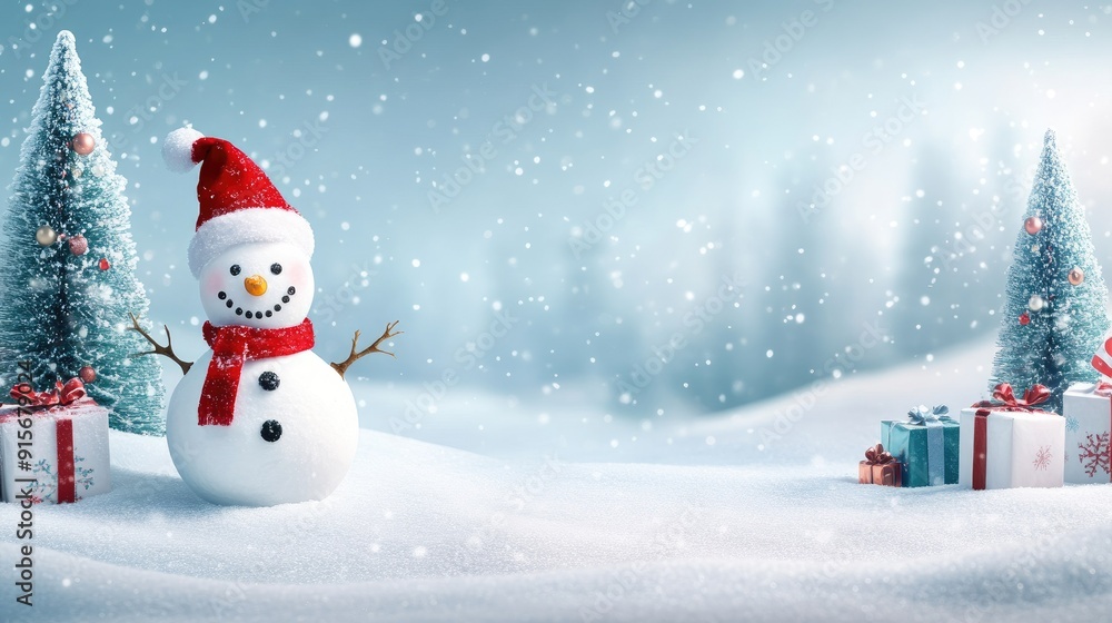 Obraz premium Happy snowman standing in christmas landscape. Snow background with copy space