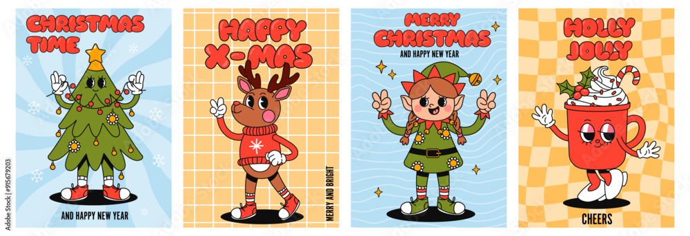 Fototapeta premium Groovy hippie Christmas cards. Retro Santa, smile, elf, deer, cocoa, Christmas tree in trendy retro cartoon style. Comic 70s holiday cards. Cartoon funny characters and elements. Vector illustration